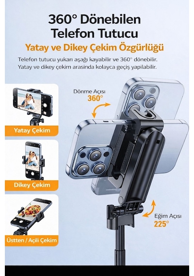 Tripodlu Bluetooth Selfie Çubuğu Mini Katlanabilir Selfie Stick Telefon Standı Uzatılabilir 41.5 Cm
