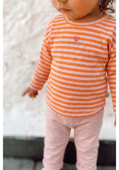 Cigit Çizgili Triko Kız Bebek Takım 0-3 Yaş Pudra Şeftali Çizgili Pudra