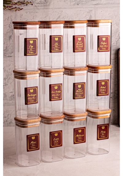 Snippy Boxy - 12'li Ahşap Vakumlu Kapaklı Etiketli Baharatlık Takımı 350 Ml - Erzak Saklama Kabı Seti Ahşap