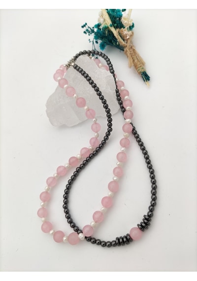 Stoneage Pembe Kuvars Ve Hematit Taşlı Şifa   Kolyesi Gümüş