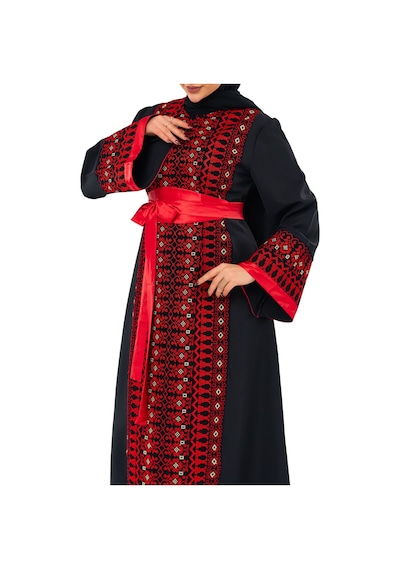 Zaytoon Uzun Kollu Tek Taraflı Nakışlı Kırmızı Kemerli Filistin Elbise C100057 Kırmızı