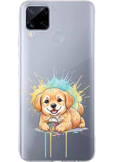 Realme C15 İle Uyumlu Splash Köpek Tasarımlı Şeffaf Silikon Kılıf Şeffaf