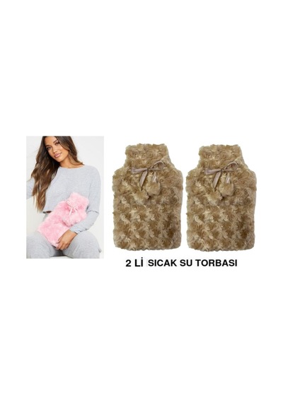Sıcak Su Torbası 2 Adet,ponponlu Termofor Peluş Bej 28x17cm 750ml Bej