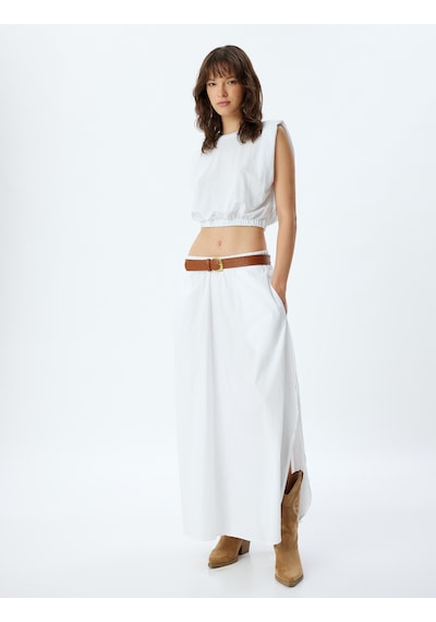 Koton Crop Kolsuz Bluz Bisiklet Yaka Beli Lastikli Viskon Kumaş Beyaz 4sak70097ek Beyaz