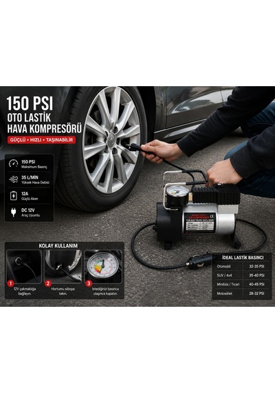 Tr 150 Psı 35 L/dk Oto Lastik Hava Kompresörü, 12v Taşınabilir Lastik Şişirme Pompası, Manometreli, Otomobil Moto