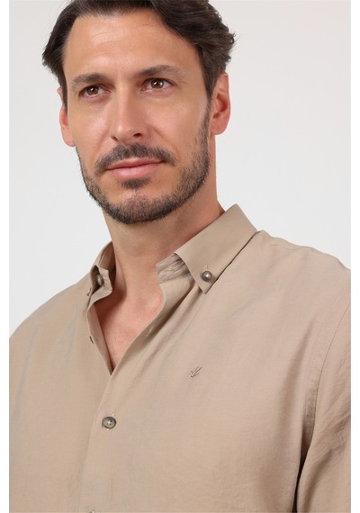 İmza Koyu Bej Düğmeli Yaka Uzun Kol Cepsiz Slim Fit Modal Gömlek 1004260162