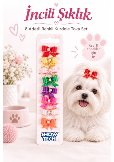 Show Tech Cutie Pearl İncili Lastikli Kedi Köpek Tokası 8 Adetli Paket