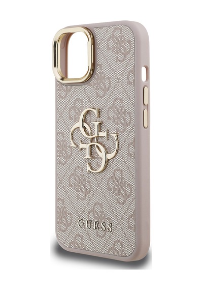 Apple Uyumlu iPhone 15 Kılıf Guess Lisanslı Metal 4g Ve Yazı Logolu Kamera Standlı Kapak Pembe