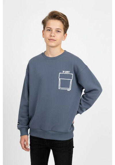 Baskı Detaylı Bisiklet Yaka Erkek Çocuk Sweatshirt-90911 İndigo