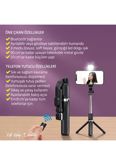 Upway Bluetoothlu Kumandalı Led Işıklı Teleskobik Katlanabilir Özçekim Tripodu