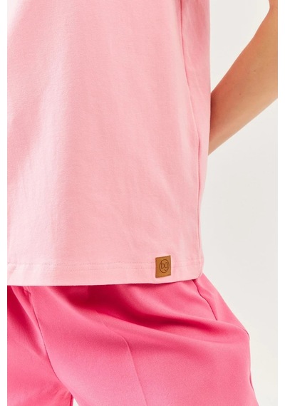 Kadın Oversize Rahat %100 Pamuklu Penye Bisiklet Yaka Kısa Kol Basic T-shirt Pembe