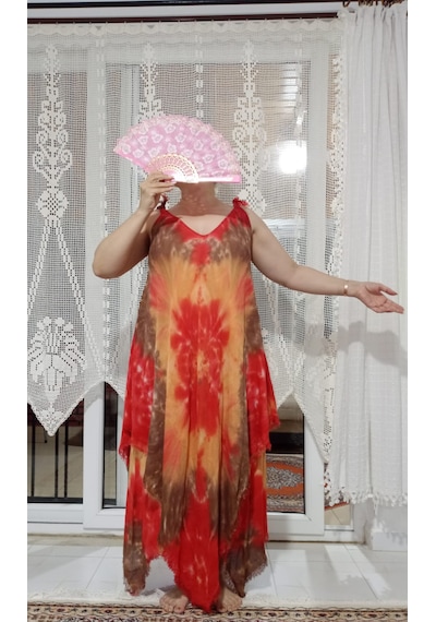 Hobievimiz Pamuklu 4 Eşarptan Elbise Pembe Kahverengi Batik