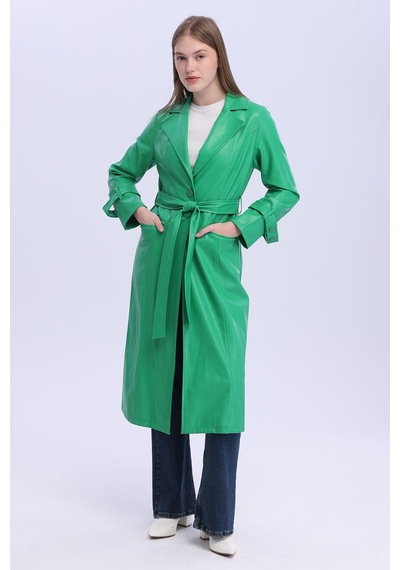 Selectmoda Kadın Kemerli Uzun Kaban Yeşil
