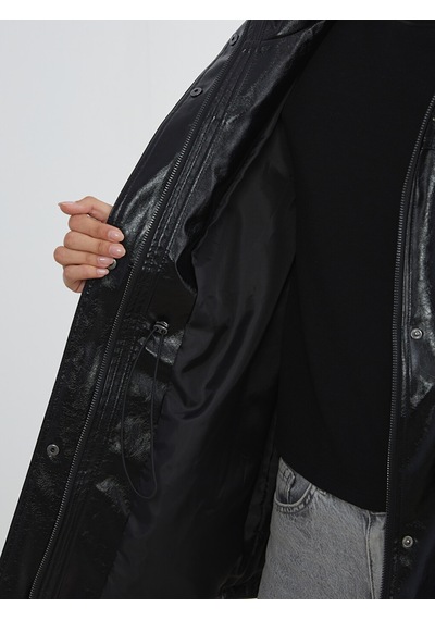 Lcwaıkıkı Classic Siyah Dik Yaka Oversize Kadın Deri Görünümlü Ceket