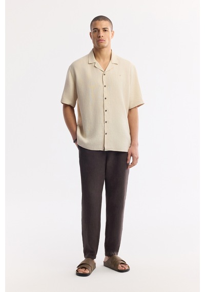 Avva Erkek Bej Apaj Yaka %100 Keten Kısa Kollu Oversize Fit Gömlek A51y2209