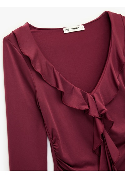 Koton Fırfır Detaylı Uzun Kollu Slim Fit V Yaka Tişört Bordo 6wal10543ık