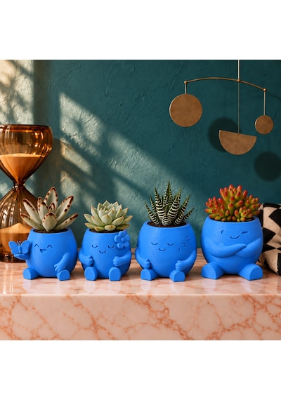 4lü Sevimli Karakterli Dekoratif Sukulent Ve Kaktüs Saksı Seti Mavi