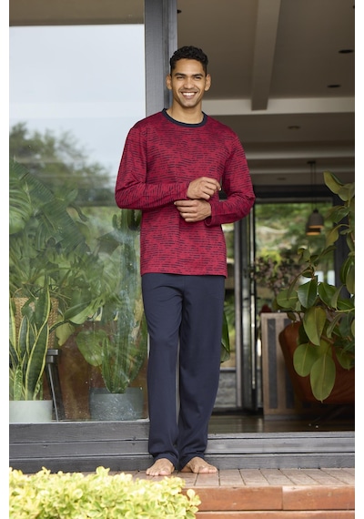 Kly 9130 Büyük Beden Erkek Bisiklet Yaka Uzun Kollu Pijama Takım Bordo