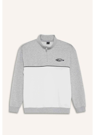 Defacto Boxy Fit Dik Yaka Yarım Fermuarlı Baskılı Kalın Sweatshirt F3825ax25wngr369 Gri