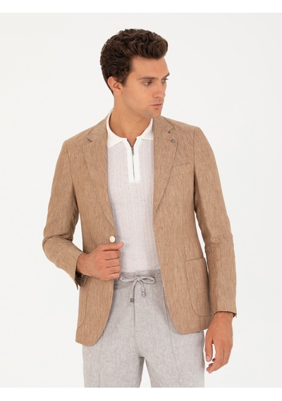 Cacharel Kahverengi Slim Fit %100 Keten Ceket