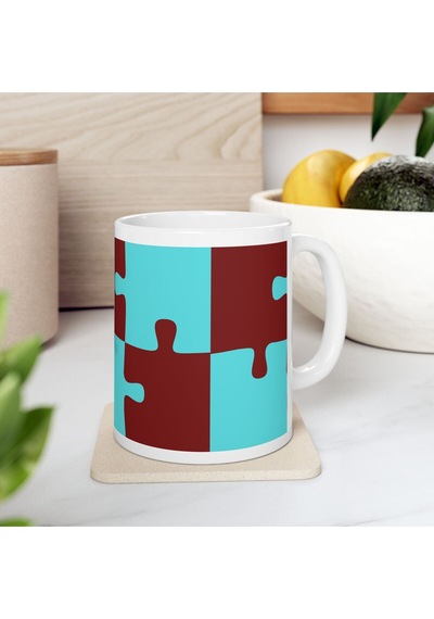 Bordo Mavi Puzzle Desenli Hediyelik Baskılı Porselen Beyaz Lüks Kupa Bardak Beyaz