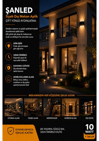 Dekoratif 10w Çift Yönlü Iç-dış Mekan Siyah Kasa Gün Işığı Duvar Aplik-2 Adet
