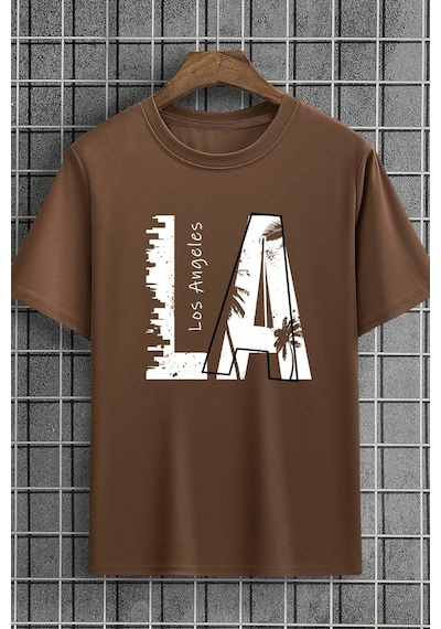 Unisex Los Angles Baskılı Tasarım Tshirt Kahverengi