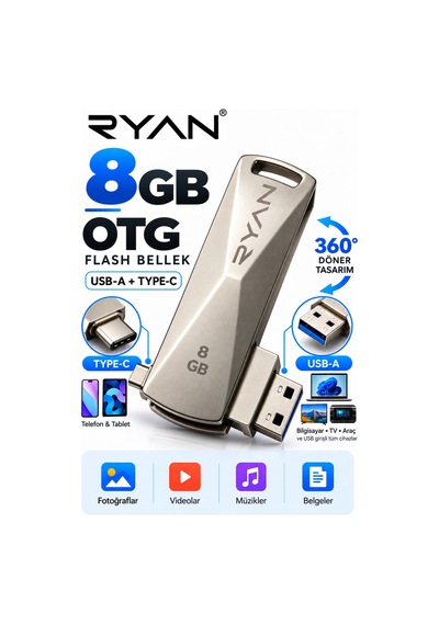 8 Gb Otg Flash Bellek Type-c Usb Bellek Usb 3.0 Çift Girişli 2in1