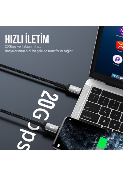 Bix BX07CC 100W 20 GBPS  Şarj Data Ve Görüntü Kablosu Siyah
