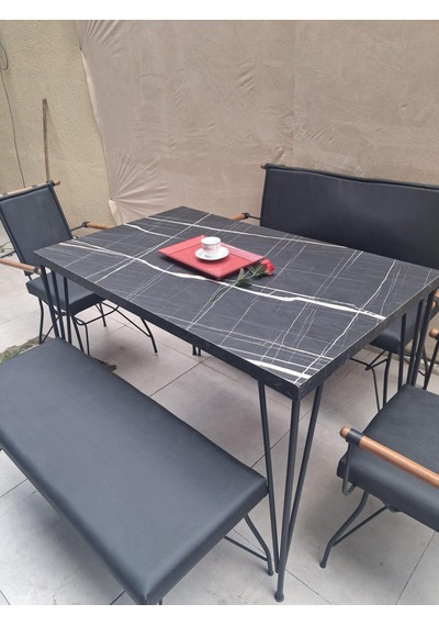 Masa Sandalye Tk 90605 Penyez Takım Model Metal Siyah Suni Deri Balkon-bahçe Siyah