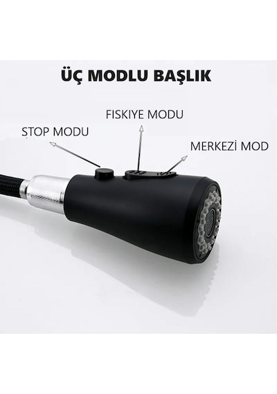 Siyah Spiralli Mutfak Evye Bataryası Çift Modlu Tasaruf Fonksiyonlu Mat Siyah Uzatmalı Eviye Musluk Mavi