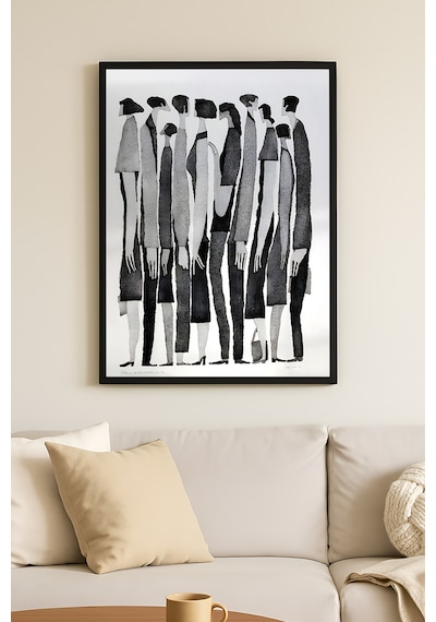 Silent March Siyah Ahşap Çerçeveli Poster, Dekoratif Soyut Monokrom Duvar Tablosu