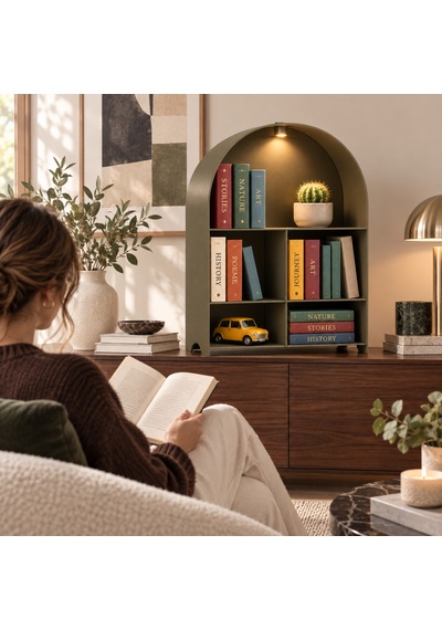 Led Işıklı Modern Metal Kitaplık Çok Amaçlı Dekoratif Raf Ev Düzenleyici Haki