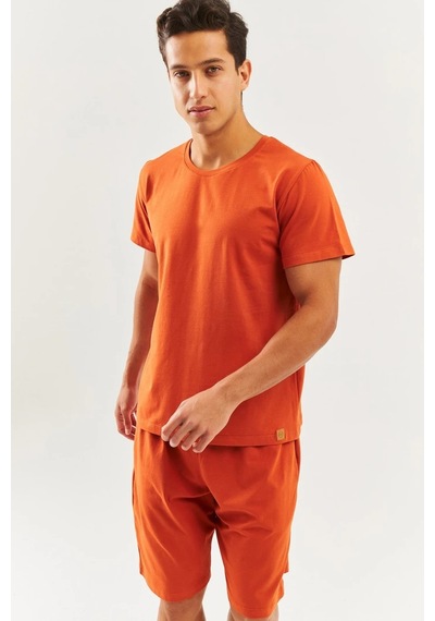 Erkek Oversize Rahat %100 Pamuklu Penye Bisiklet Yaka Kısa Kol Basic T-shirt KIREMIT