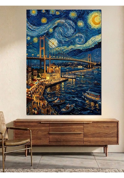 Van Gogh Tarzı Köprü Ve Galata Ve Yıldızlı Gece Dekoratif Kanvas - Mdf Ahşap Tablo Çok Renkli