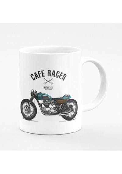 Cafe Racer Motorsikletli Baskılı Kupa/bardak Beyaz