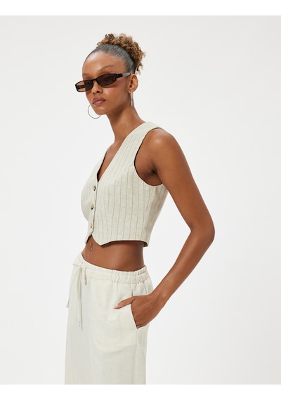 Koton Crop Yelek Keten Karışımlı Kolsuz V Yaka Düğmeli Slim Fit Bej Çizgili 4sal30085ıw Ekru
