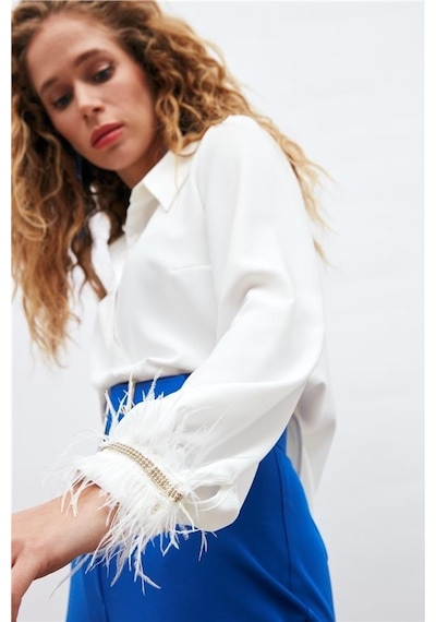 Sateen Manşeti Tüy Detaylı Bayan Gömlek 3075-2023 001
