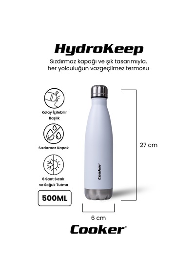 Cooker Hydrokeep 500 Ml Paslanmaz Çelik Şişe Termos Ckr2071 Beyaz