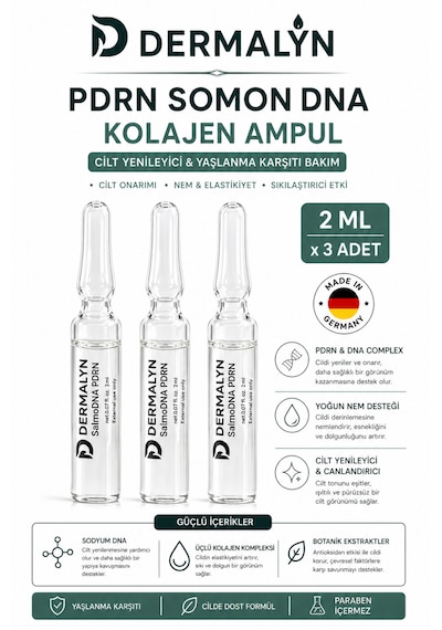 Dermalyn 3 Adet Pdrn Somon Dna Kolajen İçeren Cildi Gençleştirmeye Yardımcı Ampul Serum Dermaroller Dermapen