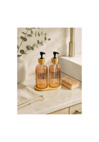 Bambu Stantlı Antrasit 2'li Cam Sıvı Sabunluk Seti 350ml Bej Bej