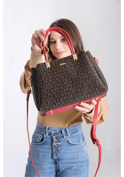 Just Polo Kadın Baskılı Ayarlanabilir Askılı Shopper El & Omuz Çantası Shoulder Bag Kahverengi - Kırmızı