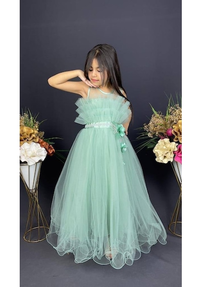 Mnk Baby & Kids Kız Çocuk Robası Katlı Özel Gün Abiye Elbise Mnk0475 Yeşil