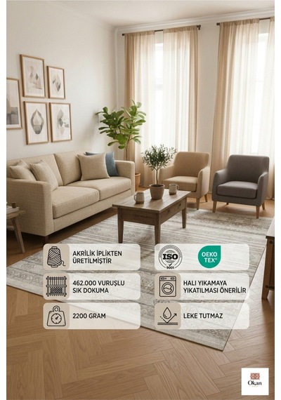 Bohem Tarz Leke Tutmaz Akrilik Oda Halısı - Yumuşak Dokulu & Sık Dokuma Bej