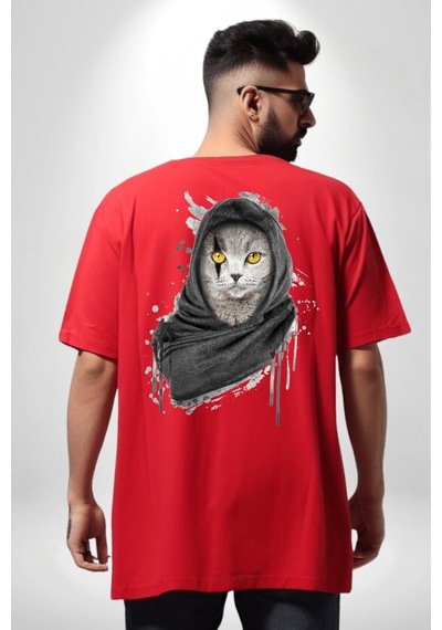 Safari Kedi Şal Eşarp Kırmızı Oversize Unisex Ön Ve Sırt Baskılı Tişört Kırmızı