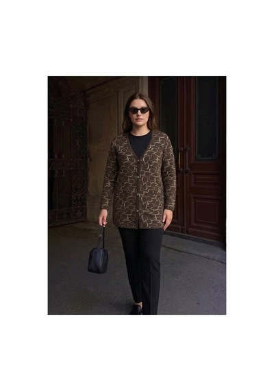Onno Style Women Kalp Desenli Klasik Triko Düğmeli Ceket Kahverengi