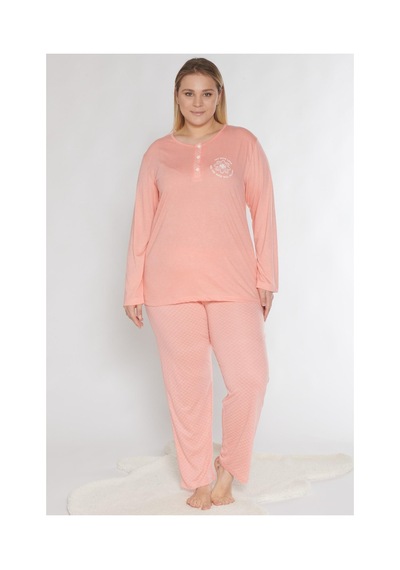 Büyük Beden Battal Uzun Kol Mevsimlik Pijama Takımı Viskon Alperi B790-38 Koyu Somon
