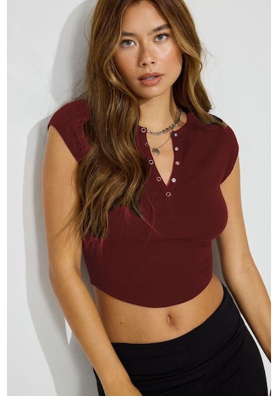 Madmext Bordo Henley Çıt Kapamalı Kadın Tişört Mg2306 Bordo