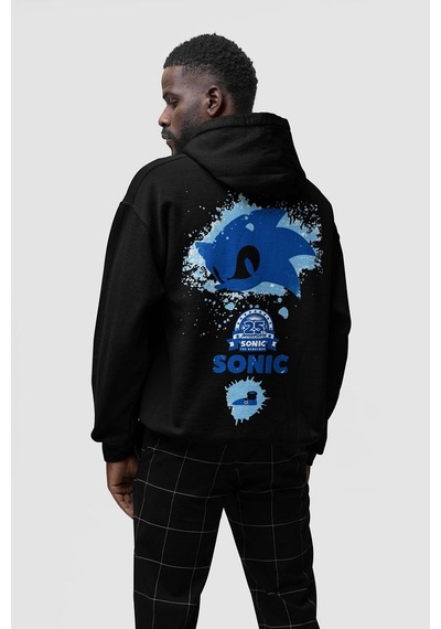 Sevbano Sonic Baskılı Unisex Oversize Çizgi Film Hoodie Siyah