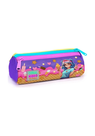 Coral High Mor Pembe Dondurmalı Kız Desenli Kız Çocuk Üç Gözlü Kalemlik Çok Renkli
